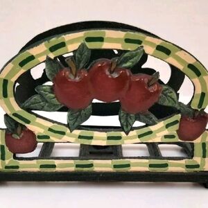 Vtg  Handpainted Cast Iron 6" Napkin Holder Green Gingham Red Apples Pre-owned